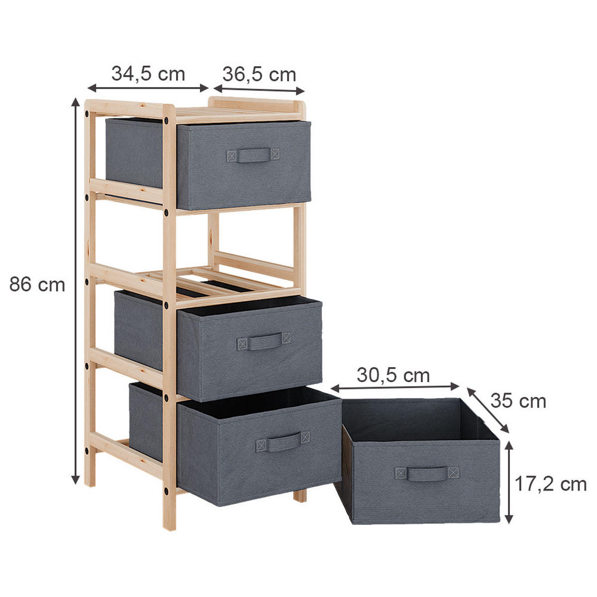 KOMMODE Bruno Grau 34.5 x 86 cm mit 4 Stoffschubladen - Naturfarben/Grau, Holzwerkstoff (34.5/86/36.5cm) - Vicco