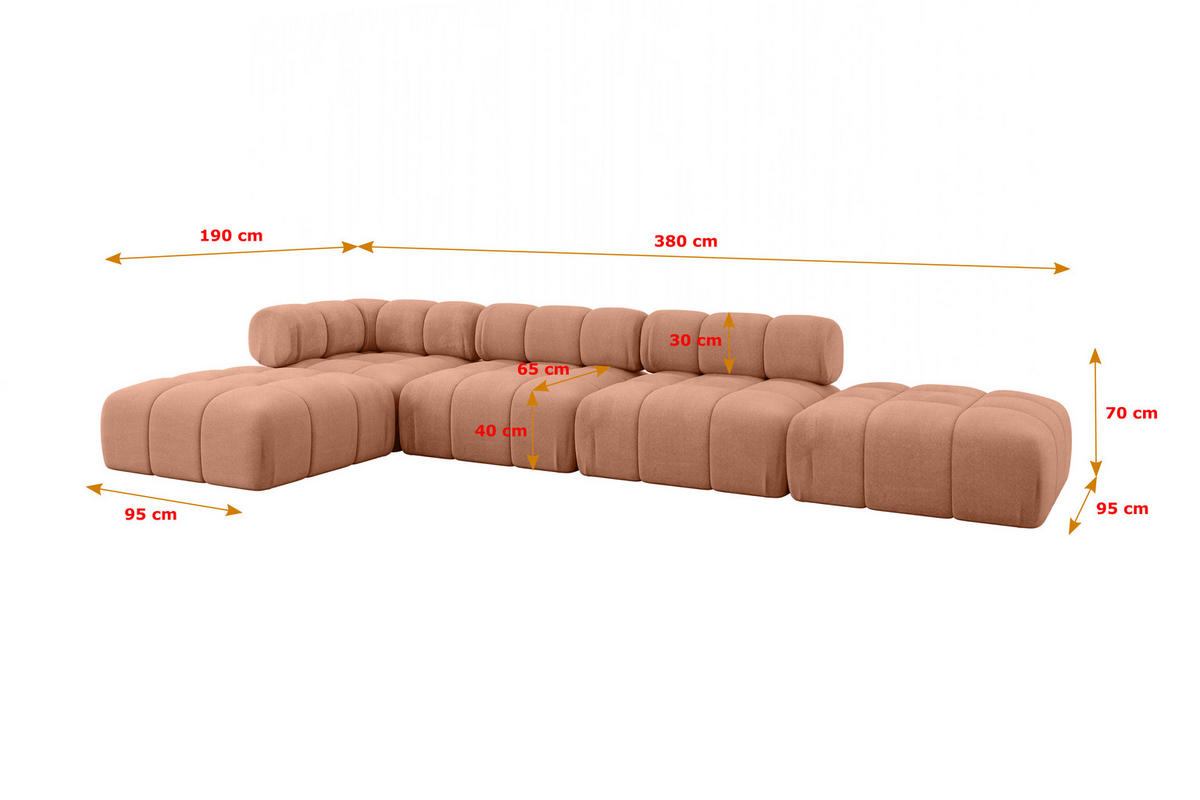 ECKSOFA modulares Sofa Kerru-L2 - 380x190x70 cm Apricot Velours - Koralle, Holzwerkstoff/Textil (380/190cm) - ALTDECOR