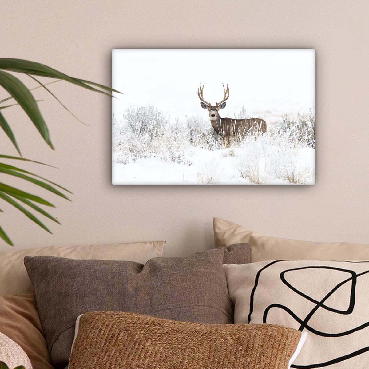 LEINWANDBILD Hirsche - Winter - Schnee - Tiere - Jahreszeiten - Weiß 30x20 cm - Hellbraun, Textil (30/20cm) - MuchoWow