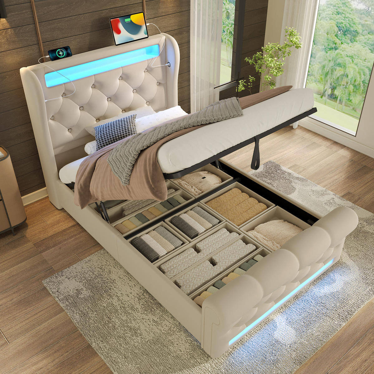 SAMT-POLSTERBETT 90/200 cm Beige mit LED-Beleuchtung und Bettkasten - Beige, Textil (90/200cm) - BEAOK