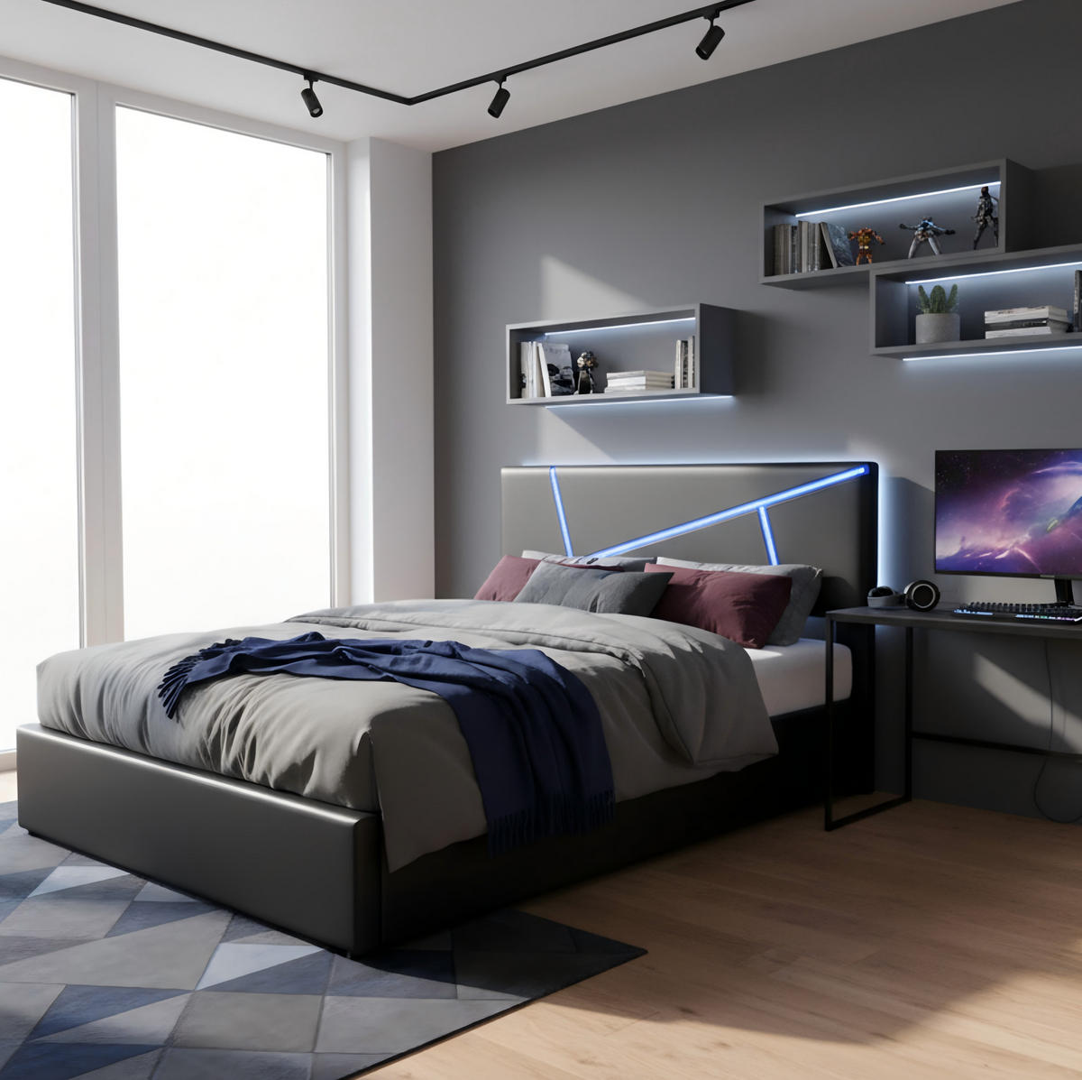 POLSTERBETT 90/200 cm Schwarz aus PU mit LED-Beleuchtung und Bettkasten - Schwarz, Kunststoff (90/200cm) - OKMYHOME