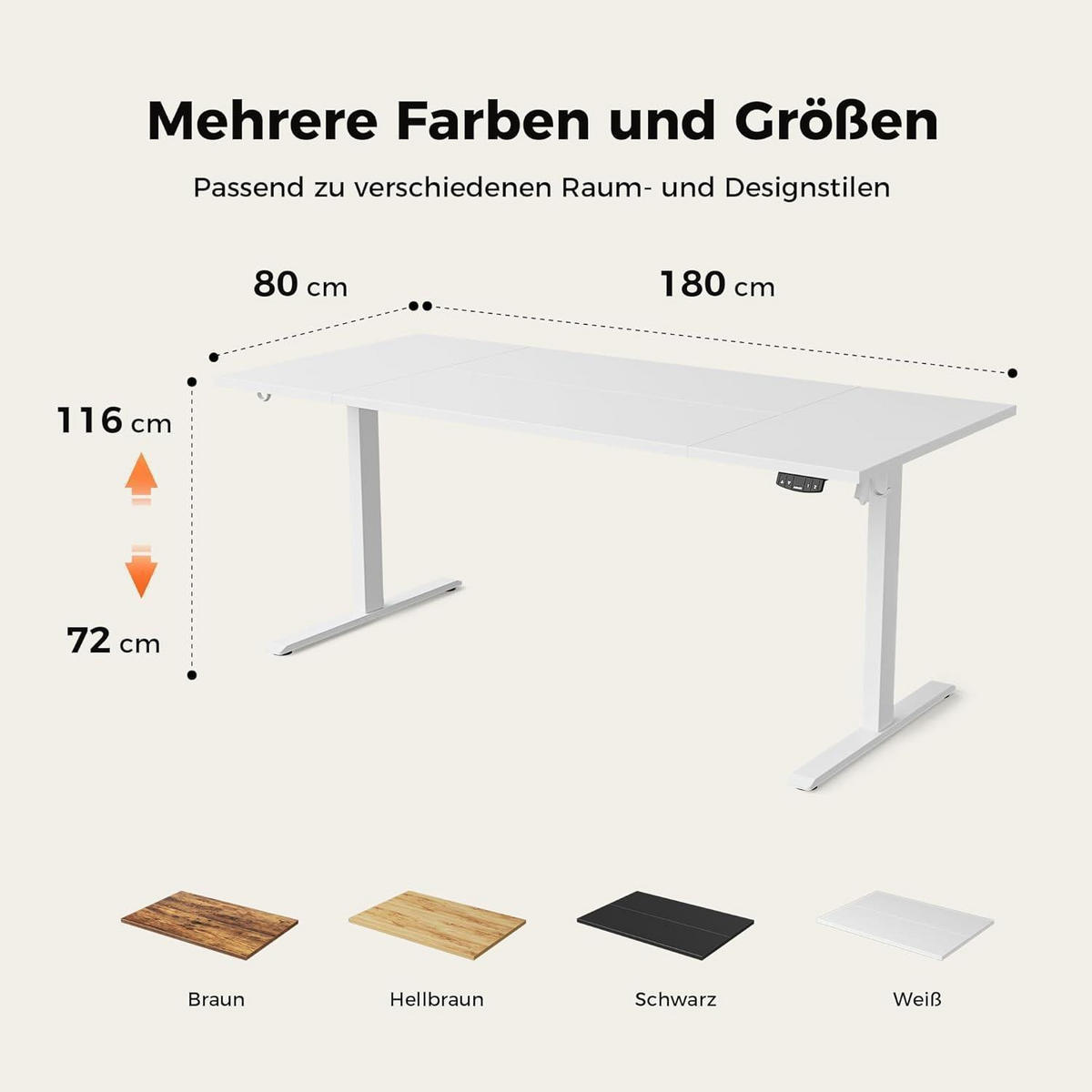 SCHREIBTISCH Höhenverstellbar Elektrisch 180 x 80 cm Weiß - Weiß, Metall (180/80/75cm)