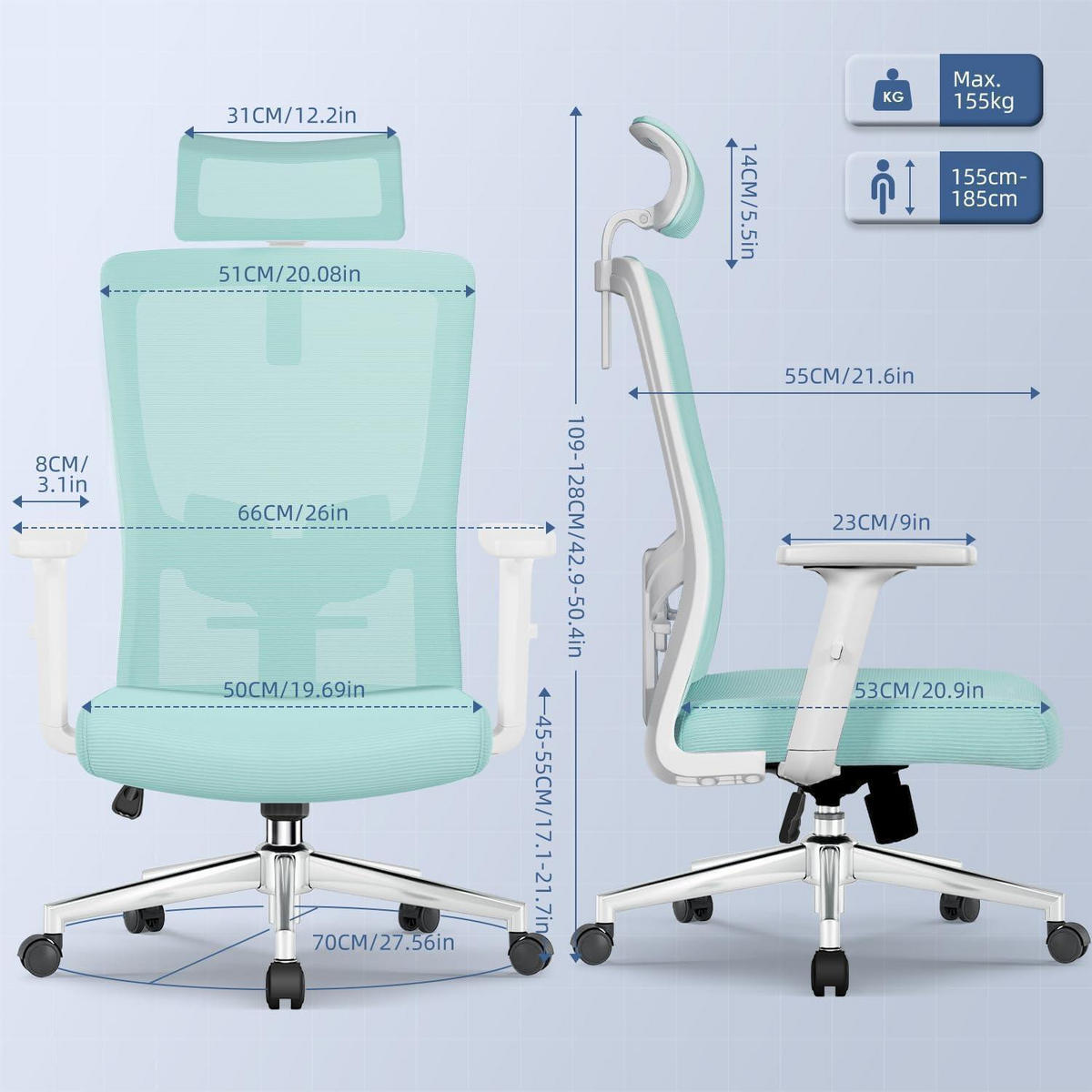 BÜROSTUHL Ergonomisch Blaugrün - Türkis, Textil (70/128/70cm)