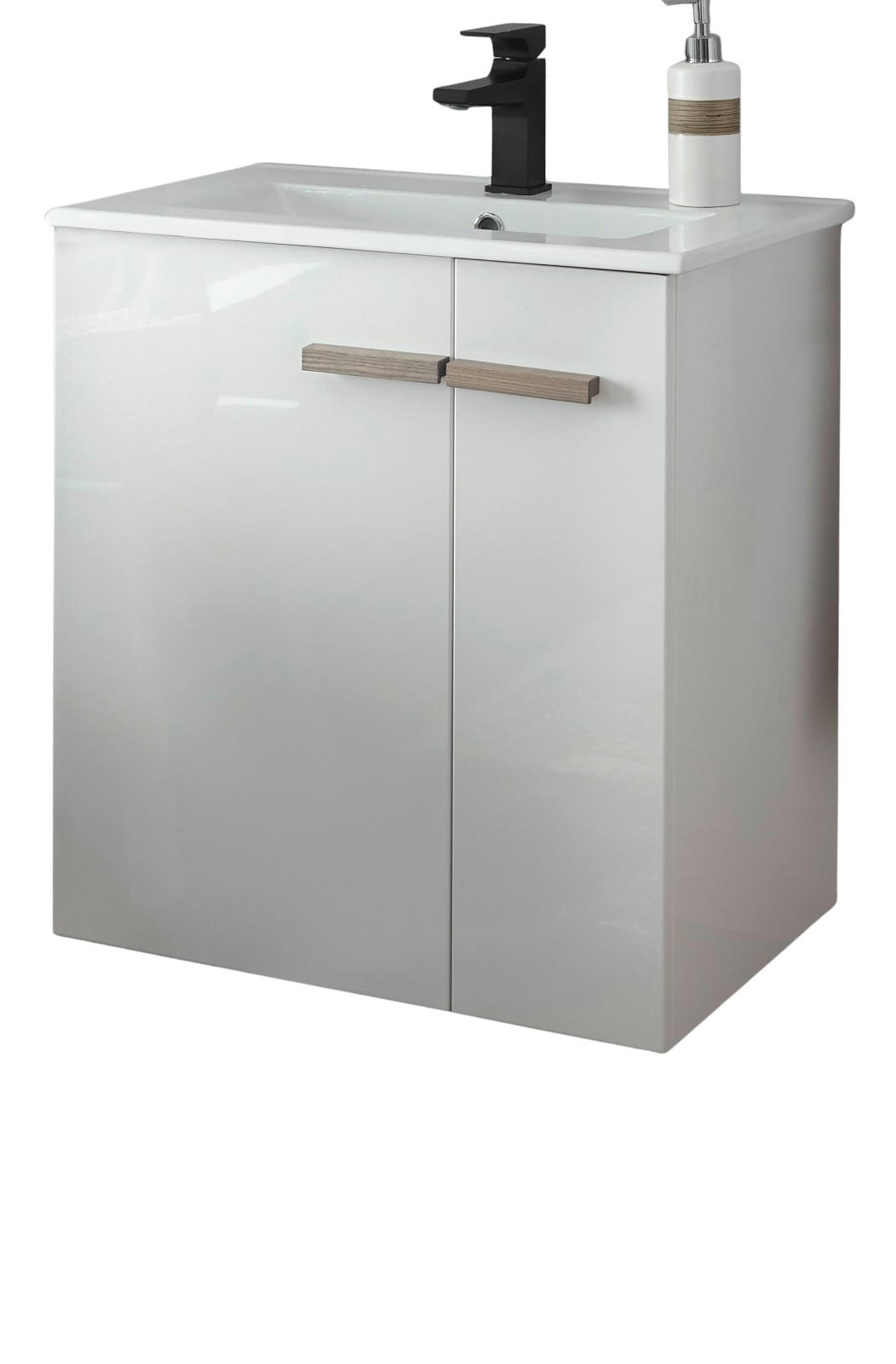 WASCHBECKENUNTERSCHRANK weiß Lack Hochglanz, Eiche, Waschtisch Set hängend 60 cm - Weiß Hochglanz/Eichefarben, Holzwerkstoff (60/70/40cm) - Furn.Design