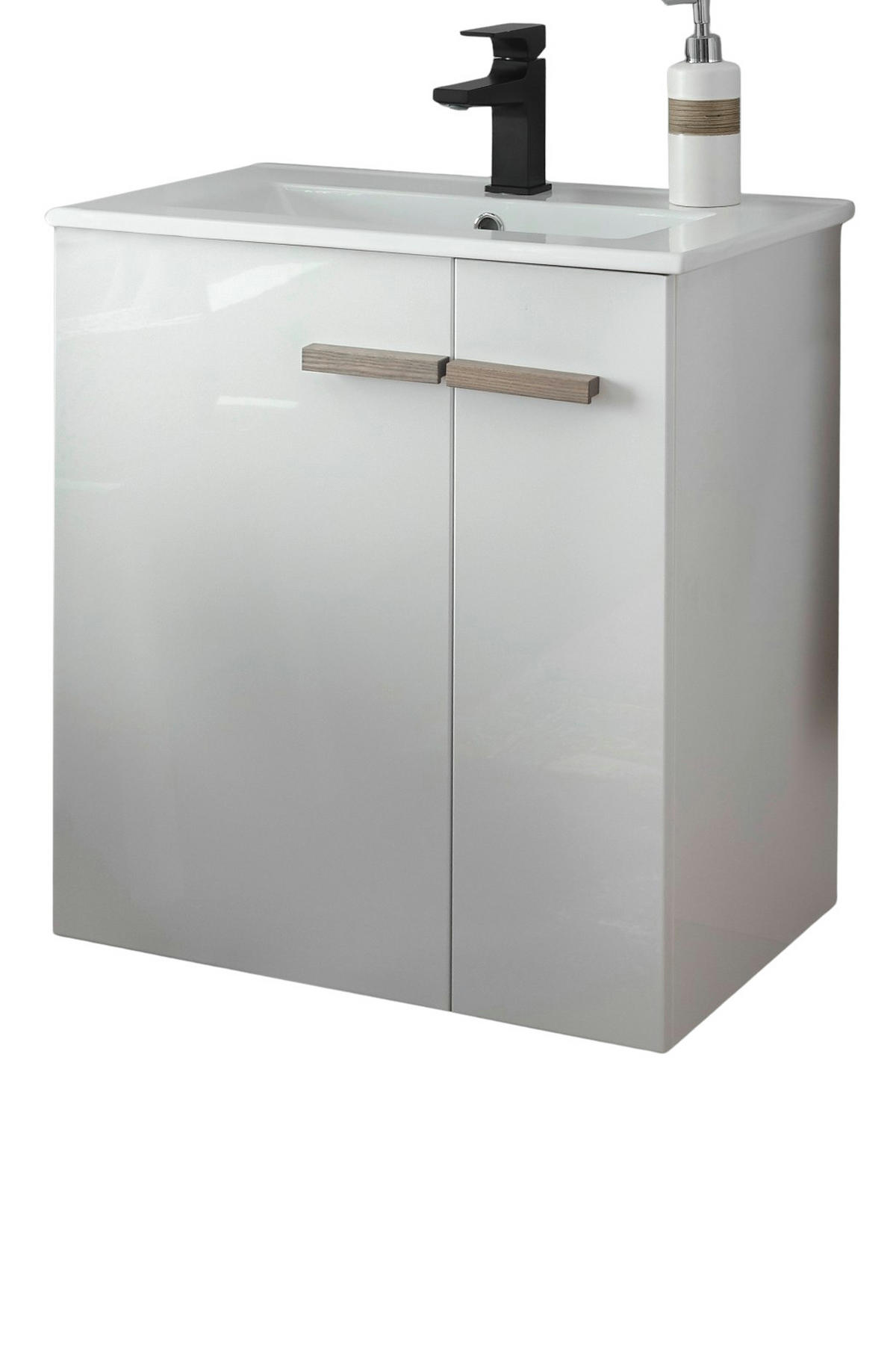 WASCHBECKENUNTERSCHRANK weiß Lack Hochglanz, Eiche, Waschtisch Set hängend 60 cm - Weiß Hochglanz/Eichefarben, Holzwerkstoff (60/70/40cm) - Furn.Design