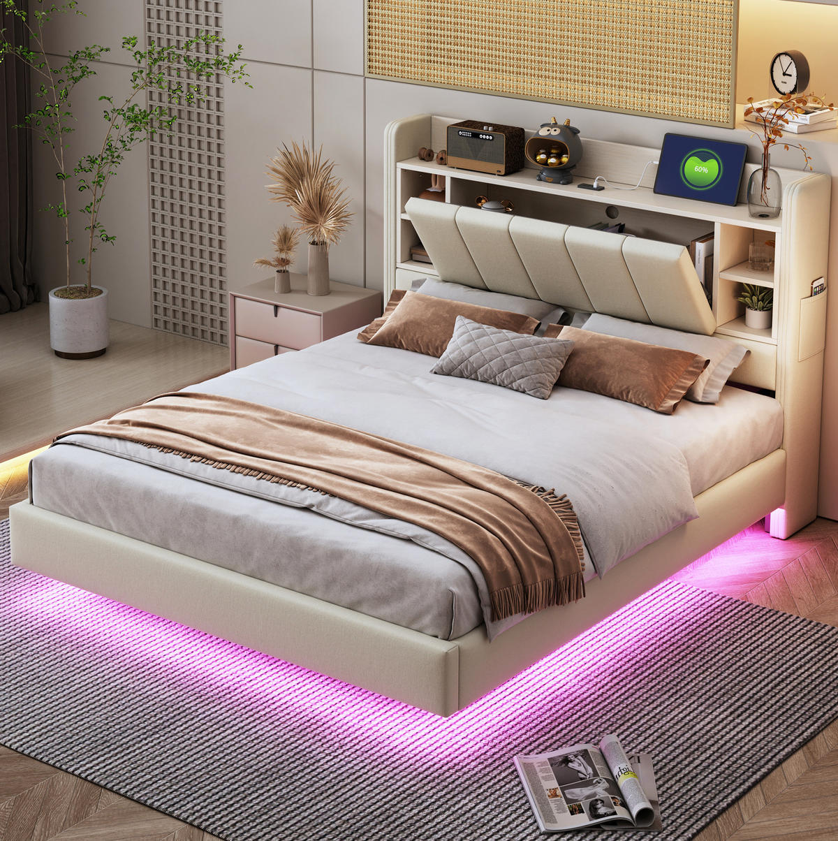 POLSTERBETT 140/200 cm mit LED-Lichtleiste, USB-Anschluss und Stauraum-Kopfteil, Leinenstoff, Beige - Beige, Textil (140/200cm) - Redom