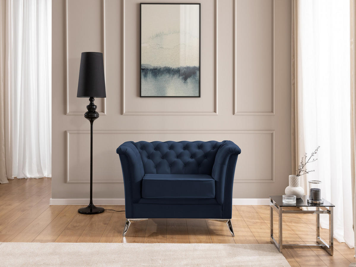 CHESTERFIELD-SESSEL Whitby Marineblau Samt mit silbernen Füßen - Silberfarben/Dunkelblau, Holz/Textil (116/78/82cm) - S-Style Möbel