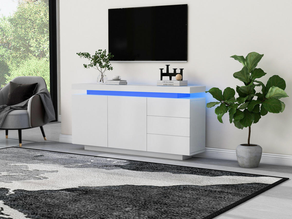 SIDEBOARD 140/35/72,5 cm aus Spanplatte mit LED-Beleuchtung und Hochglanzfront Weiß - Weiß, Holzwerkstoff (140/72.5/35cm) - Modenvie