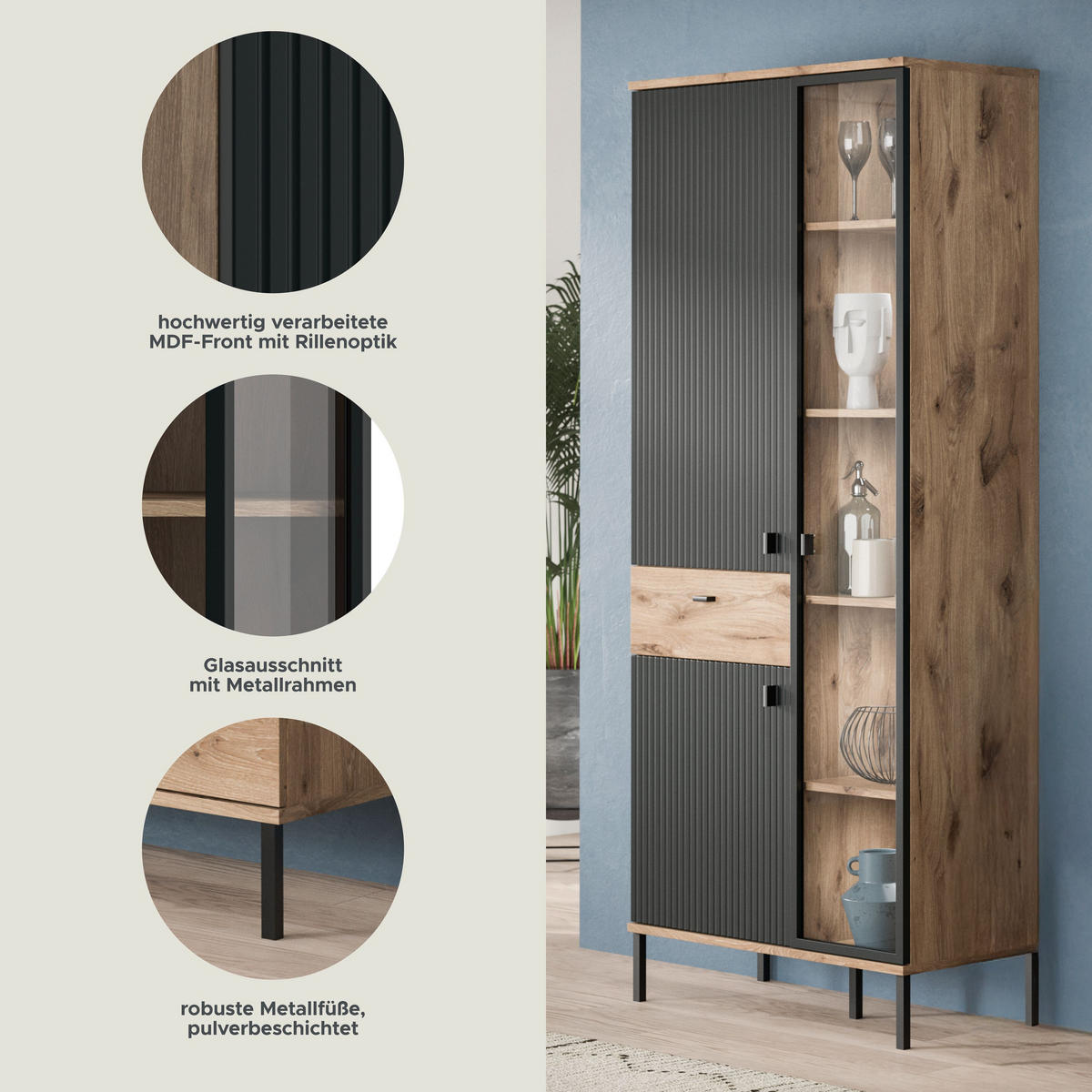 STAURAUMVITRINE CHESS (B/H/T: ca. 83/198/41 cm) in Nox Oak Nachbildung/schwarz - Eichefarben, Holzwerkstoff (83/198/41cm)