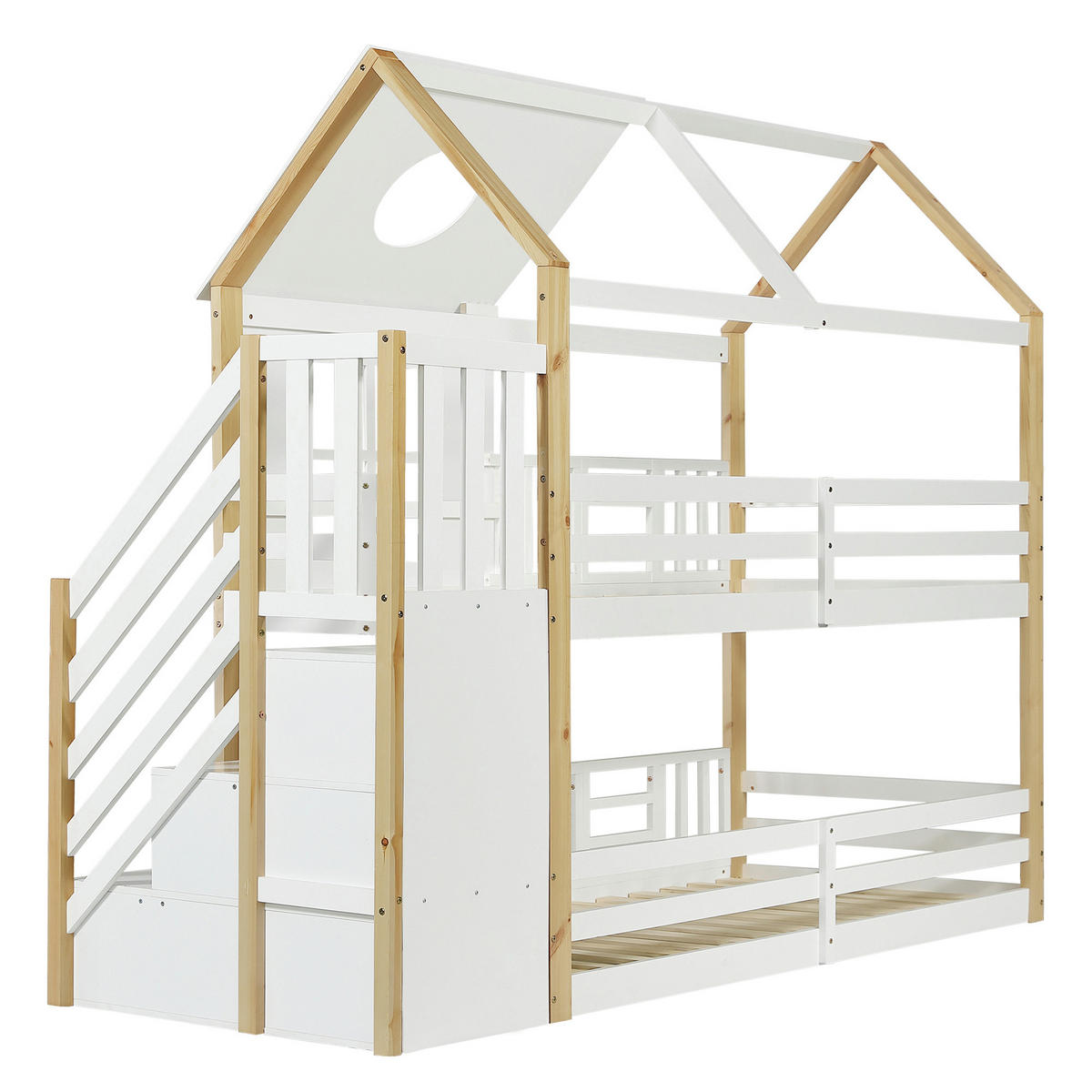 ETAGENBETT/HAUSBETT 90x200 mit seitlicher Aufbewahrungstreppe, Dach mit Rundöffnung und Fenster, weiß-natur - Weiß, Holz (90/200cm) - Luhomfu