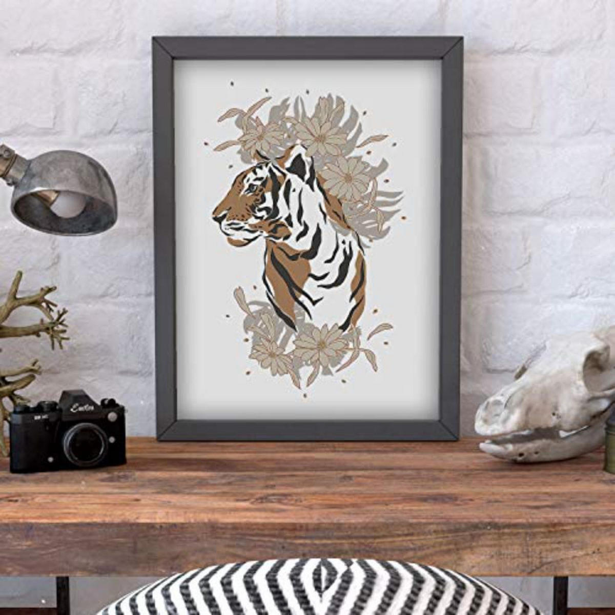 POSTER Set mit 4 tiere Tiger Leopard Tiere, Blumen und Pflanzen des Dschungels A4 Schwarzer Rahmen - Schwarz, Papier (29.7/3cm) - Nacnic