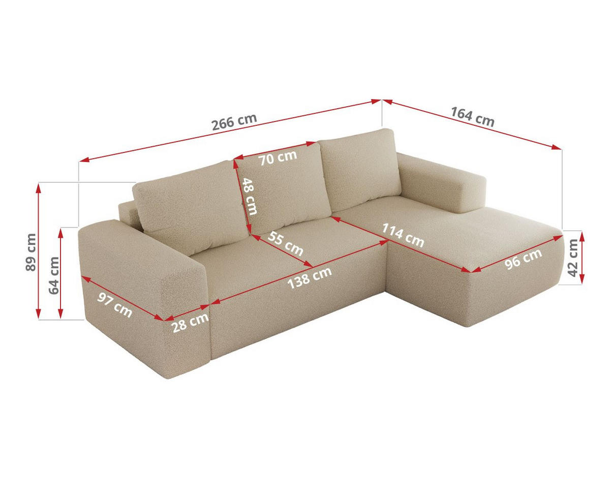ECKSOFA TRENTINO L Beige Boucle - Links - Beige/Schwarz, Textil (266/164cm) - MKS