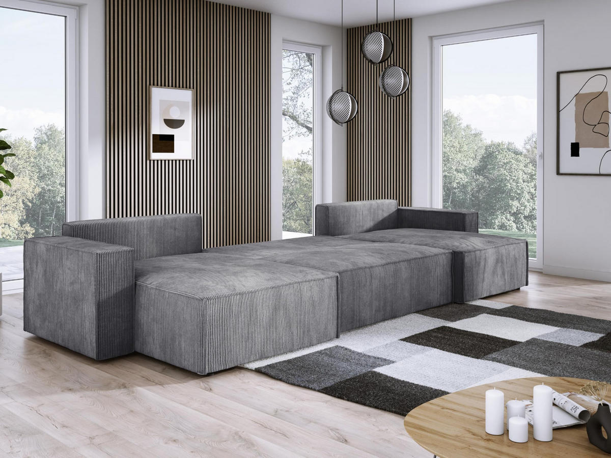 ECKSOFA Poso XXL U-förm, Schlaffunktion, weiche Kissen, Bettkasten, hochwertige Polsterung, lose Rückenkissen, freistehend, 377x143x83 cm Grey - Dunkelgrau, Holz/Textil (377/83/143cm) - DomoHome