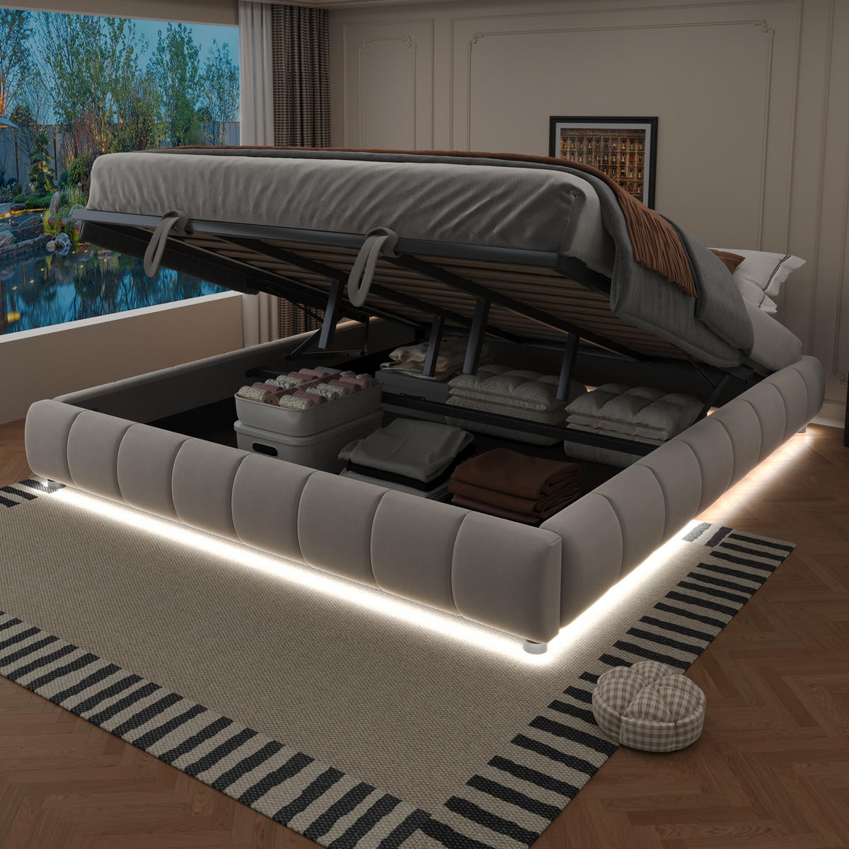 POLSTERBETT 180x200 Beige LED Stauraum - Beige, Textil (180/200cm) - FLIEKS