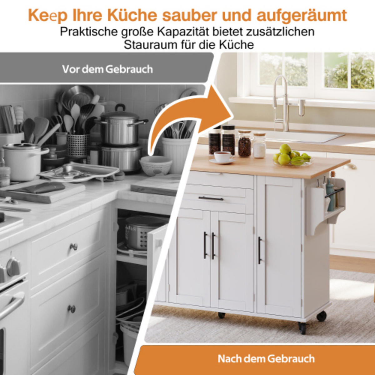 KÜCHENINSEL Weiß aus MDF mit ausklappbarer Arbeitsverlängerung 136 × 70 × 92 cm - Weiß, Holzwerkstoff (136/92/70cm) - Luhomfu