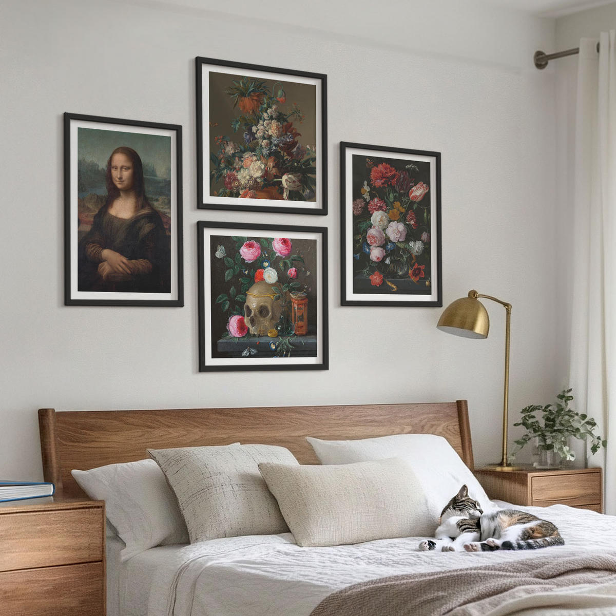 BILDER SET 4er Set - 50x50 cm & 40x60 cm Schwarzer Rahmen - Vintage Blumen Totenkopf Mona Lisa - Schwarz, Kunststoff (50/50cm) - TULUP