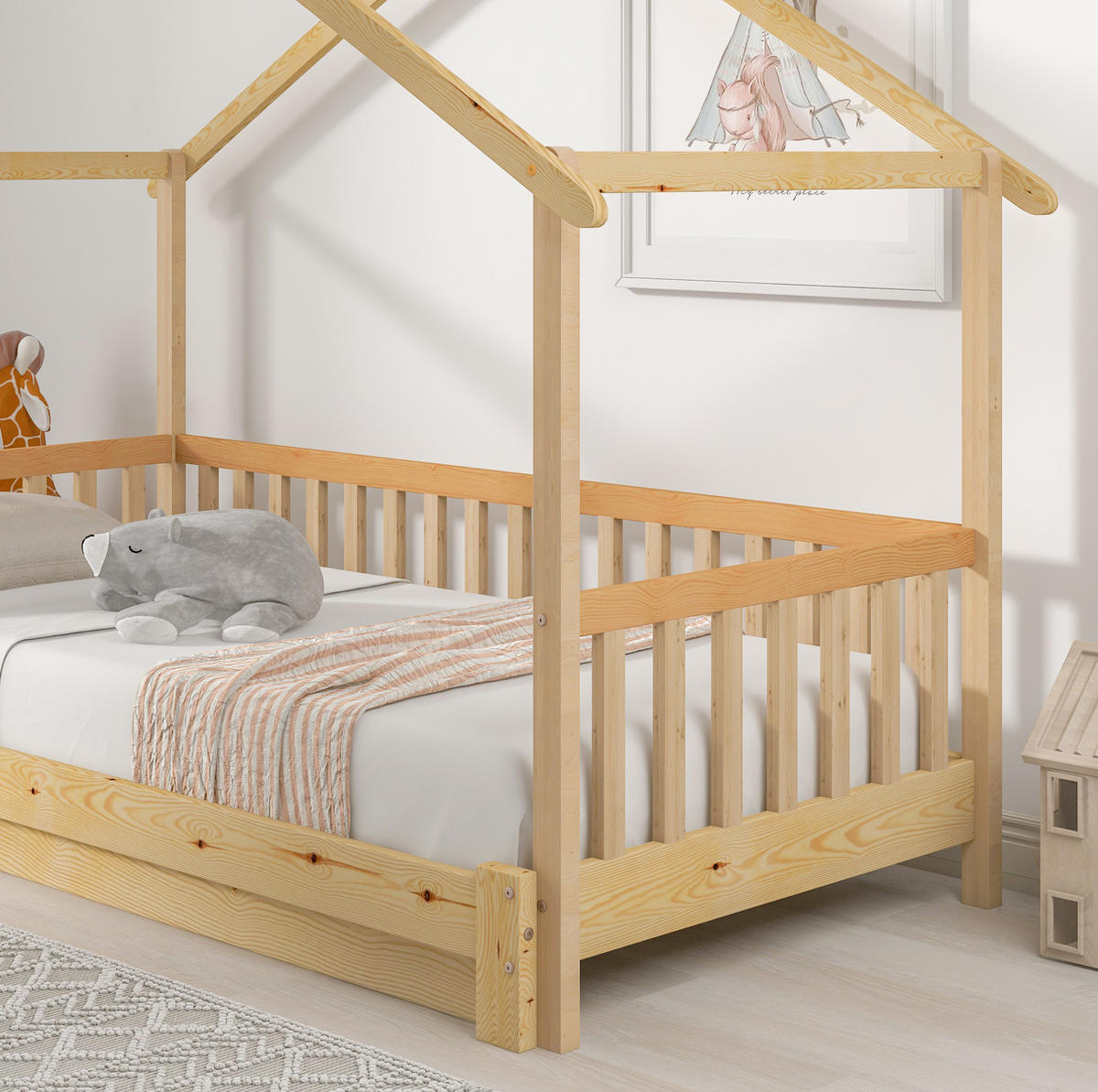 HAUSBETT aus massivem Kiefernholz 90/180x200 cm Natur ausziehbar mit Hausdach und 3-seitigem Geländer - Naturfarben, Holzwerkstoff (90/200cm) - Modfu