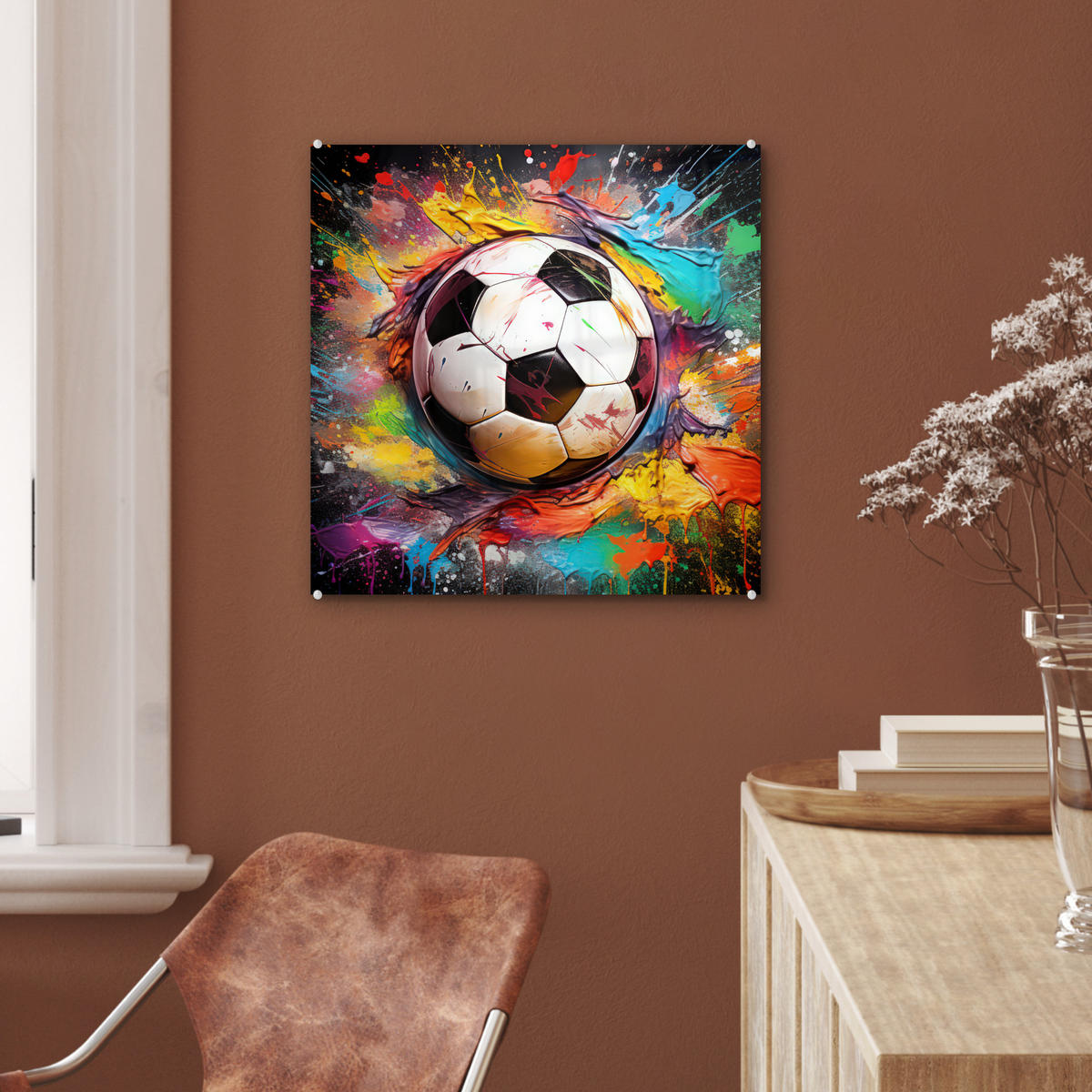ACRYLGLASBILD Fußball - Farbe - Farben - Schwarz - Weiß 50x50 cm - Weiß, Glas (50/50cm) - MuchoWow