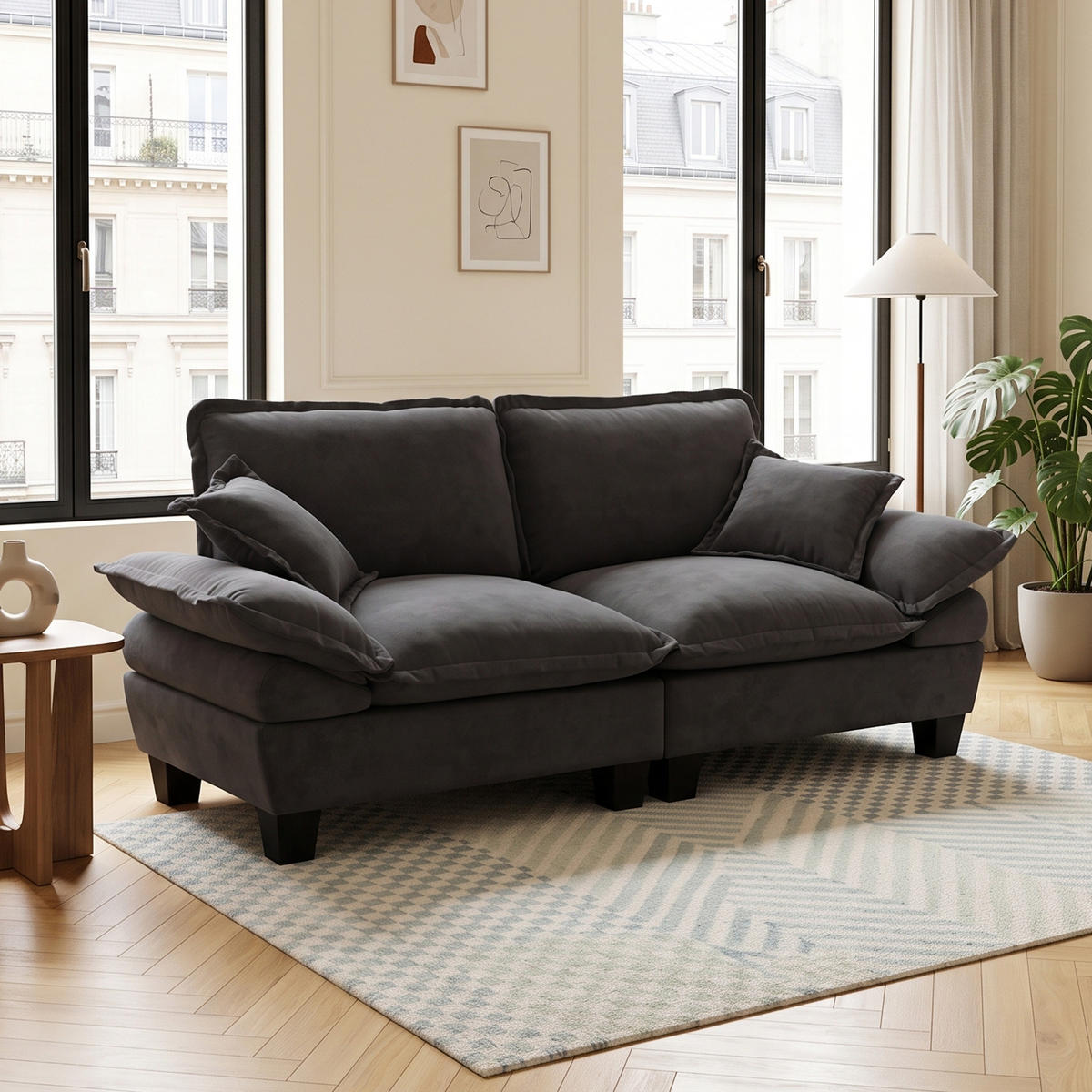 2-SITZER SOFA Chenille Schwarz Segelboot-Design, abnehmbare Armlehnen - Schwarz, Textil (194/90/82cm) - Urban Meuble