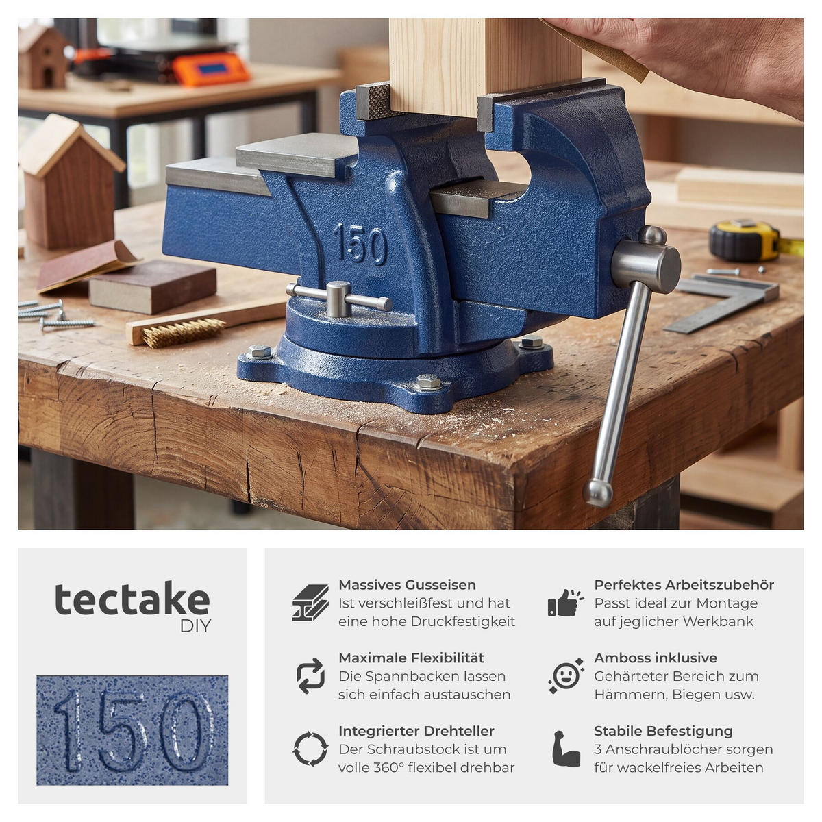 SCHRAUBSTOCK , 3 Anschraublöcher, blau - Blau, Metall (33/15/17cm) - tectake