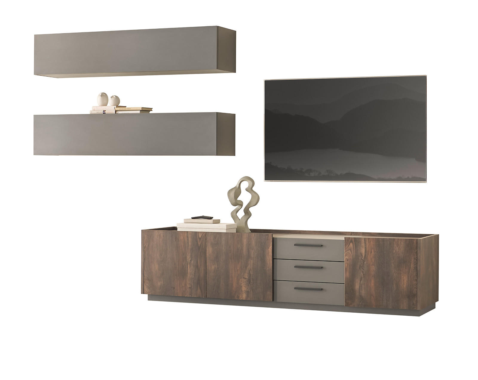 WOHNWAND Thermo Eiche, grau, Wohnkombination 3-teilig mit Soft-Close 300 x 200 cm - Eichefarben/Grau, Holzwerkstoff/Metall (300/200/45cm) - Furn.Design
