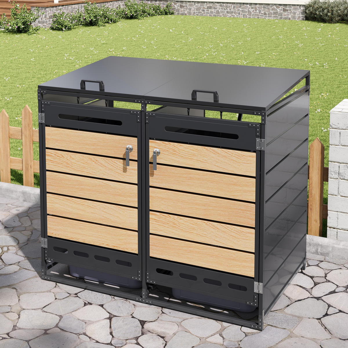 MÜLLTONNENBOX Hydraulik Deckel Holzoptik horizontal Schloss - Schwarz, Metall (131/116/79cm) - LEBENLANG