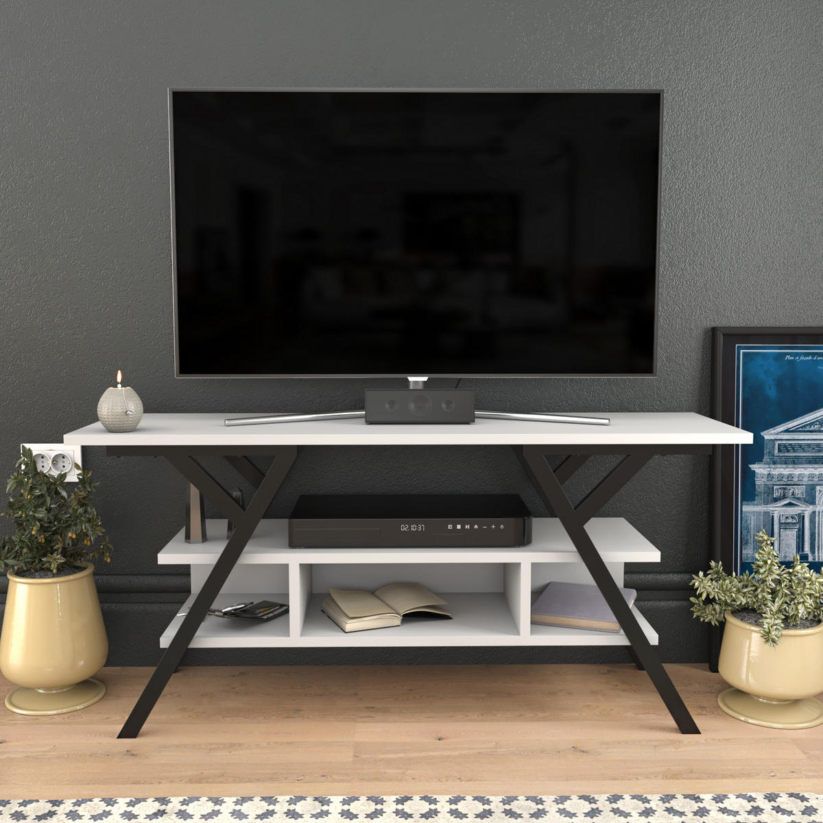 TV Stand Minerva Black Schwarz - Schwarz/Weiß, Holzwerkstoff (120/55/35cm) - Decorotika