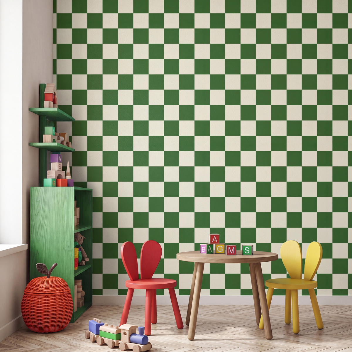 KINDERTAPETE - Schachbrett - Muster - Grün - 200x200 cm - Grün, Papier (200/200cm) - OnlyWow