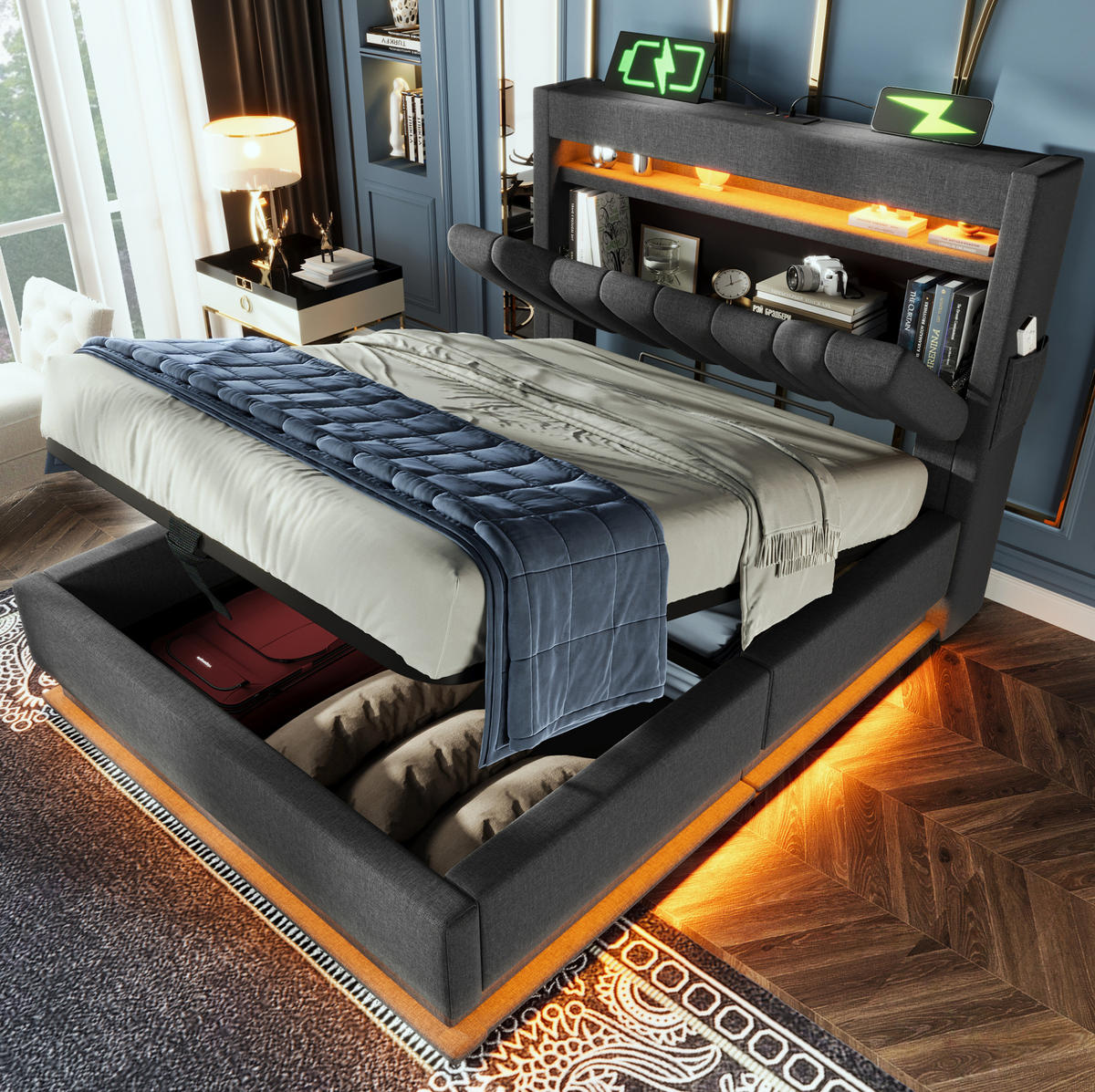 POLSTERBETT mit Stauraum und LED 90x200 cm Leinen Grau - Grau, Metall (90/200cm) - Meubliv