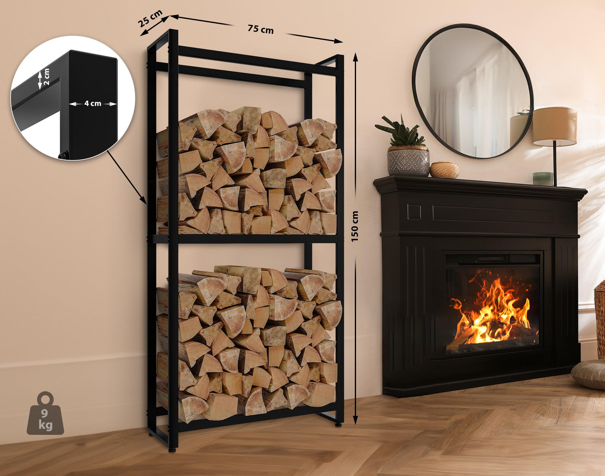 KAMINHOLZREGAL innen Metall STAPO 25x75x150 cm - Schwarz, Metall (75/150/25cm) - DELUKE