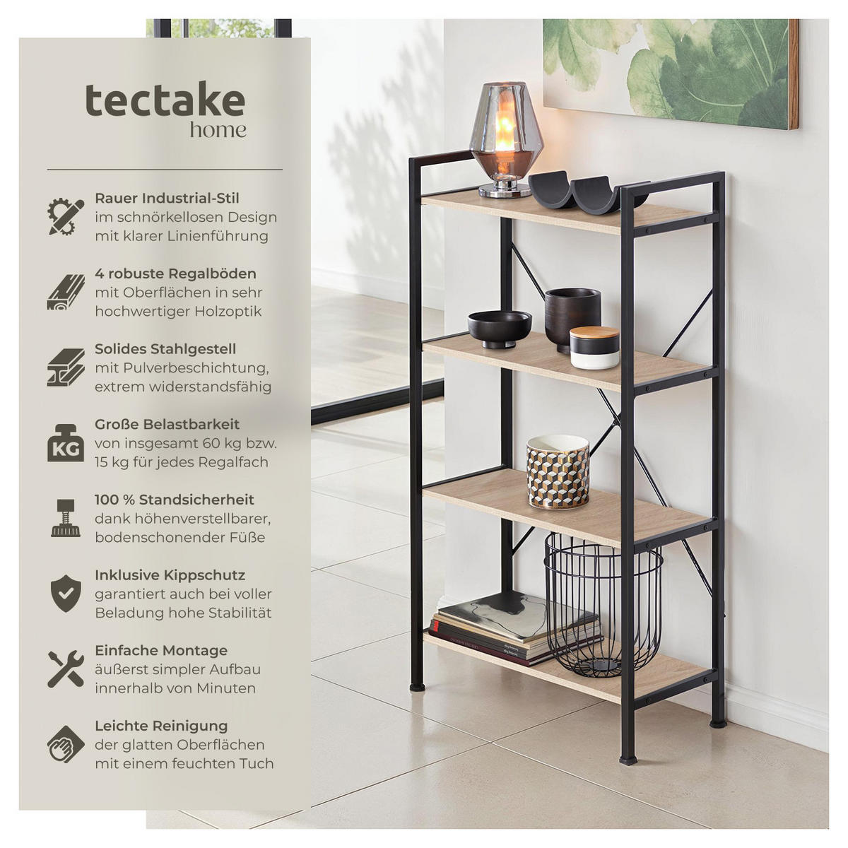 REGAL Leeds,inklusive Kippschutz, 67,5 x 31,5 x 121,5 cm,Industrial Holz hell, Eiche Sonoma - Naturfarben, Holz (31.5/121.5/67.5cm) - tectake