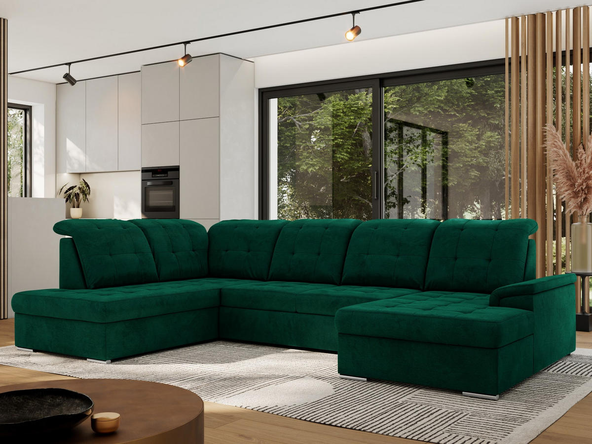 WOHNLANDSCHAFT MADRITO U - DunkelGrün Velorus - Links - Dunkelgrün/Silberfarben, Textil/Metall (204/89/323cm) - MKS