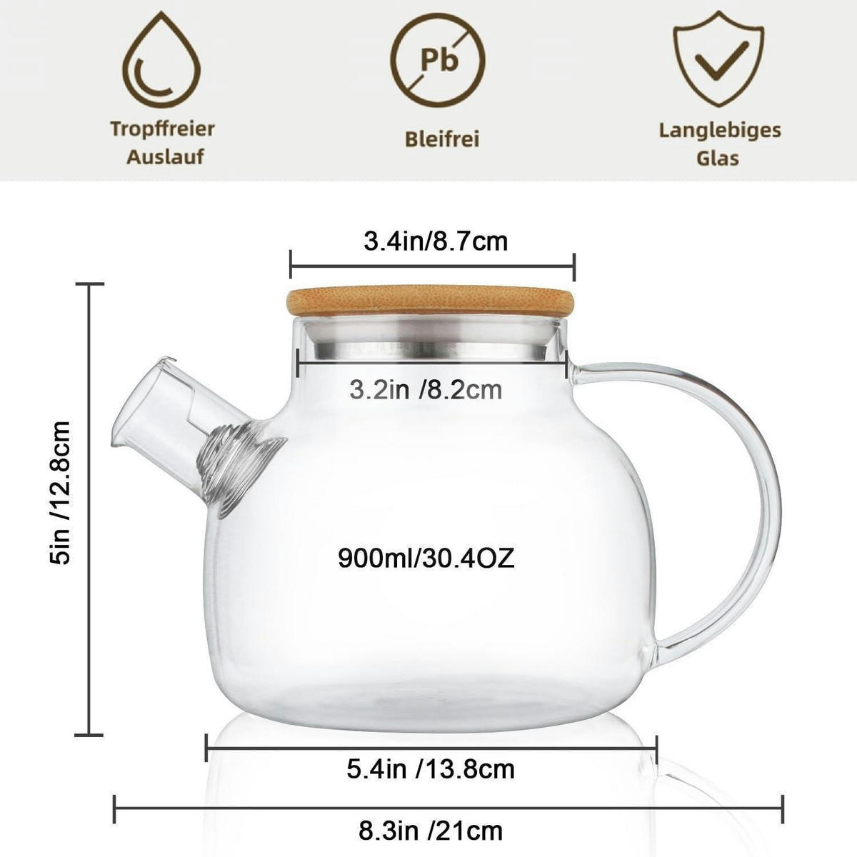 TEEKANNE Glas 900 ml mit Siebeinsatz und Bambusdeckel - Transparent, Glas (21/21cm)