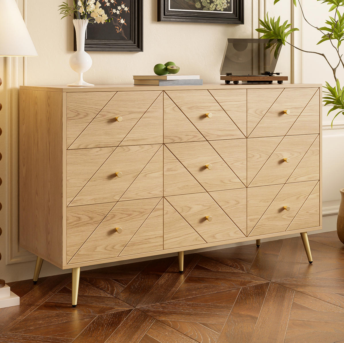 KOMMODE, 9 Schubladen, PB mit Eisenbeinen, geometrische Fronten, 120x39x80 cm, Natur - Naturfarben, Holzwerkstoff (39/80/120cm) - Modfu
