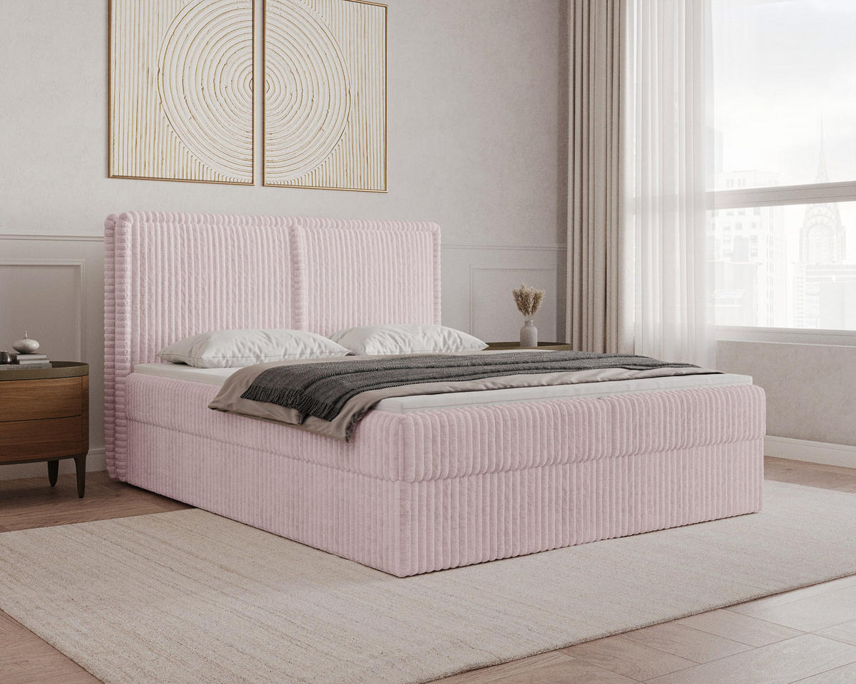 BOXBETT 04 140 x 200 cm - Ambience – Modernes Polsterbett mit Bettkasten, Topper und gepolstertem Kopfteil, Stoffbezug, Stauraumbett - Rosa, Holz (140/200cm) - ROYAL24_MARKT