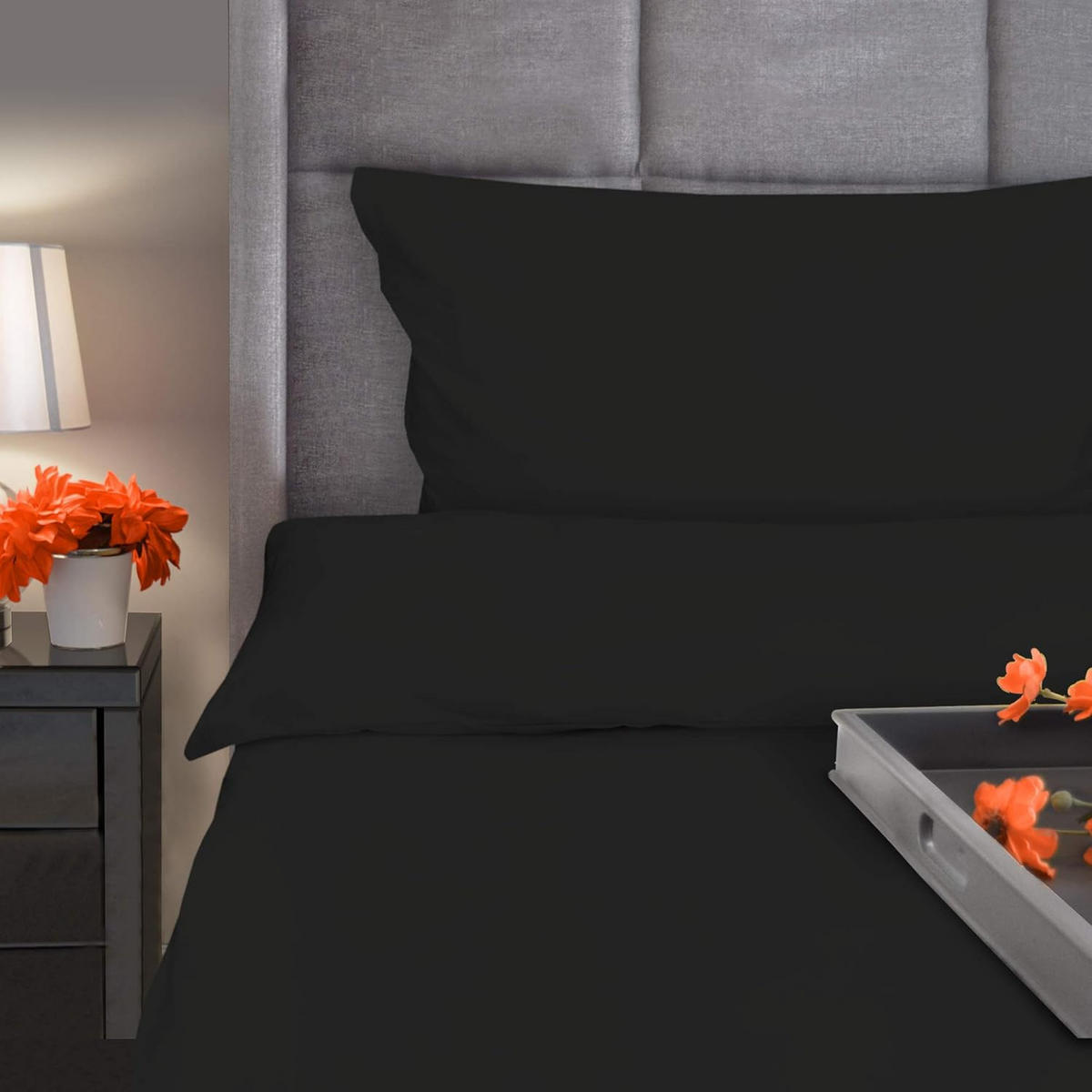 BETTWÄSCHE Julie 155/220 cm + Kissenbezug 80/80 cm Schwarz Renforcé 2er Set - Schwarz, Naturmaterialien/Textil (155/220cm) - Beautissu 