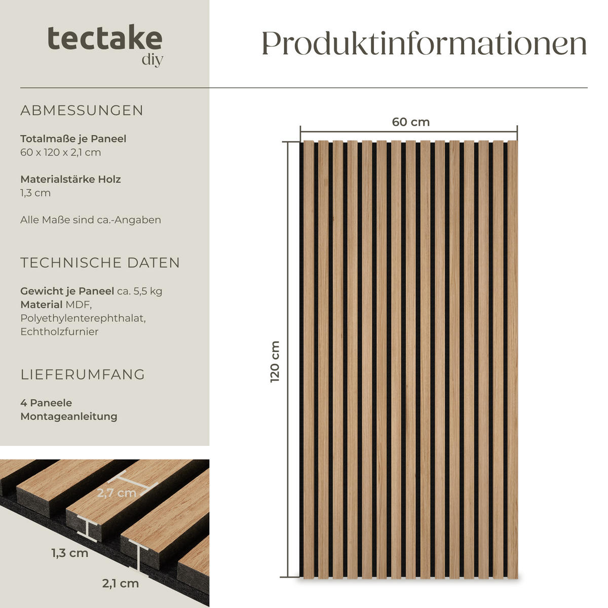 AKUSTIKPANEELE 4er Set Sonic Wall,je 60 x 120 x 2,1 cm, Größe flexibel anpassbar,Eiche hell - Eichefarben, Holz (60/120/120cm) - tectake