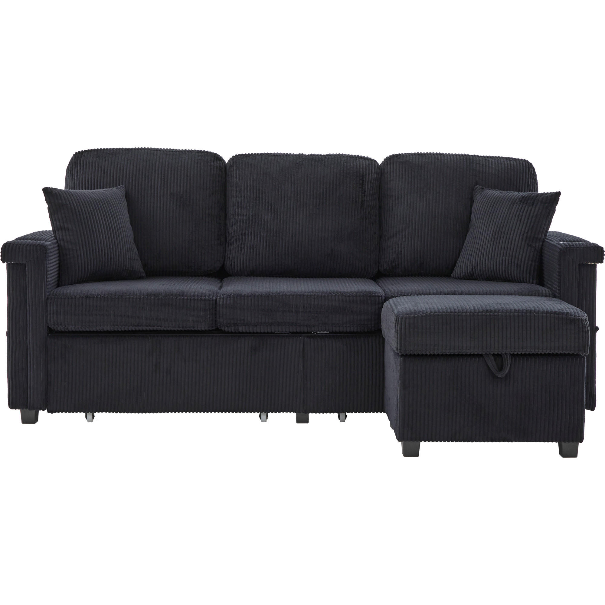 ECKSOFA Corduroy mit LED und USB-Anschluss Stauraum-Schubladen 194/73/81 cm Schwarz - Schwarz, Textil (73/194cm) - Redom