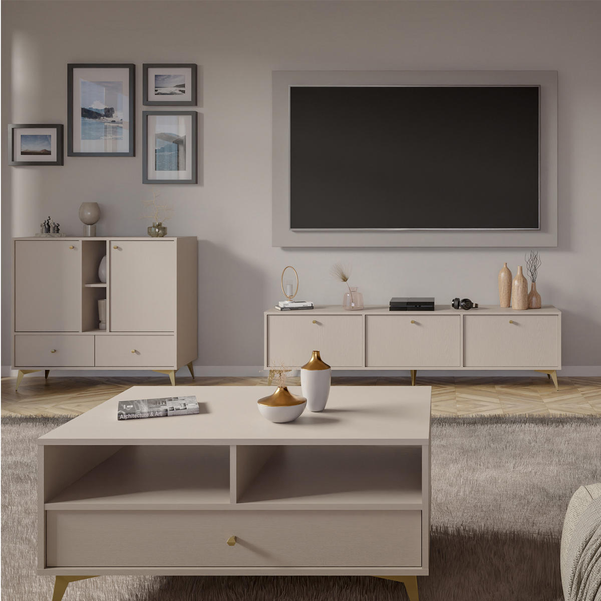 KOMMODE FLOREN, Creme/Gold - Creme, Holzwerkstoff/Metall (100.2/93.5/40.8cm) - KONSIMO®
