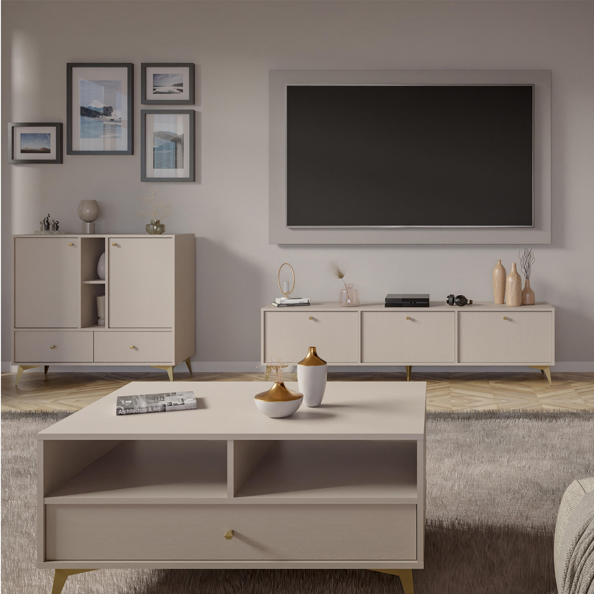 Thumbnail - Konsimo® Kommode, Creme, Holzwerkstoff, Metall, 4 Fächer, 100.2x93.5x40.8 cm, Wohnzimmer, Kommoden & Sideboards, Kommode...