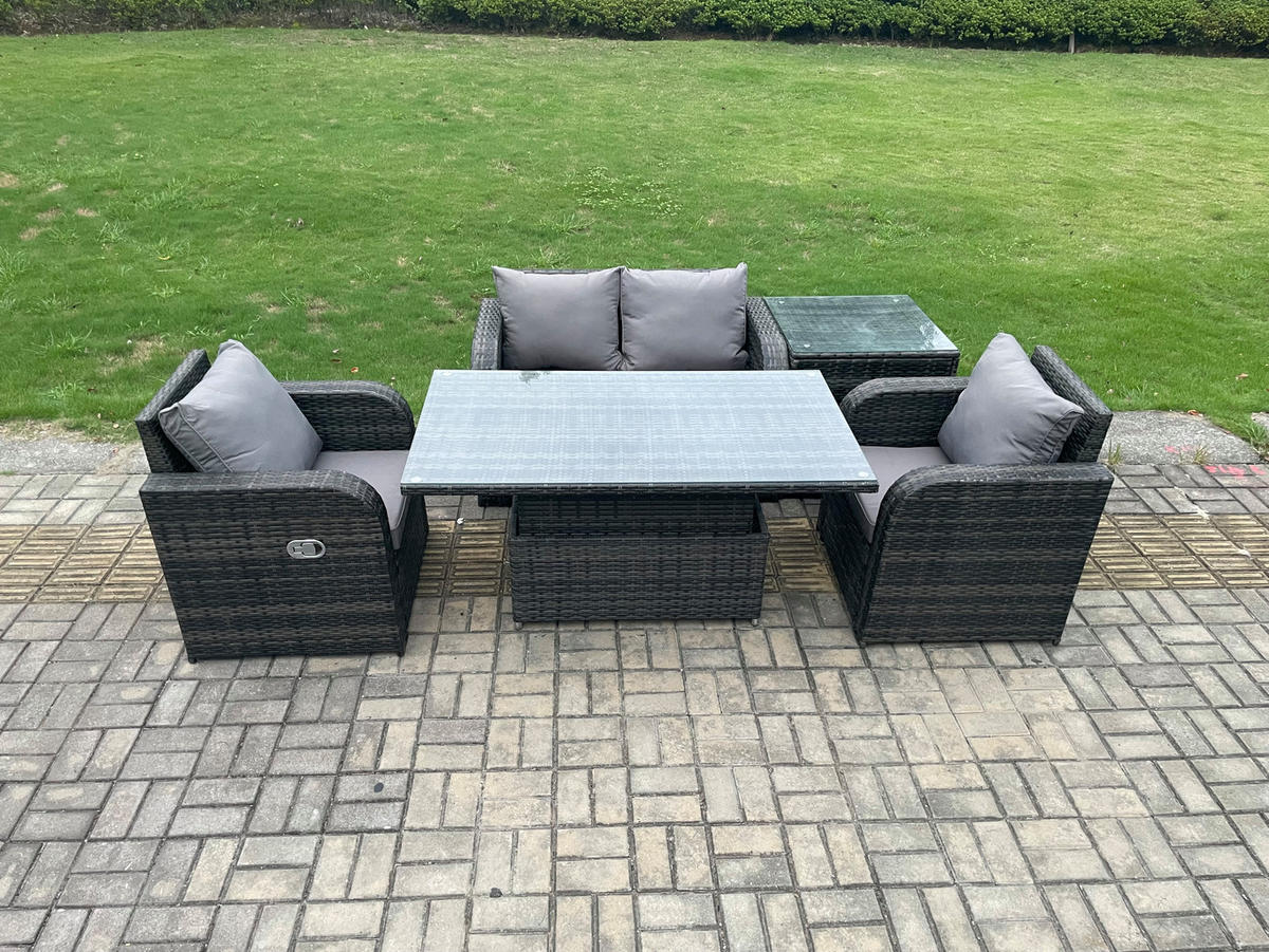 GARTENMÖBEL SET Polyrattan 4-Sitzer - Dunkelgrau/Grau, Glas/Kunststoff - Fimous