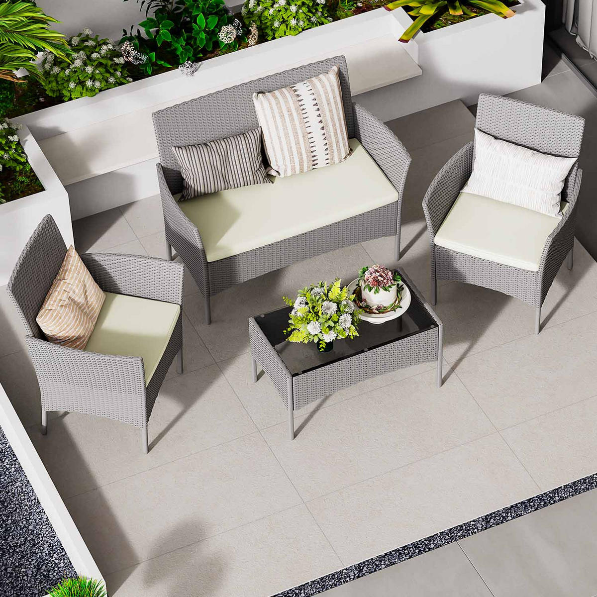 ECKSOFA Loungeset 4tlg Grau Gartensofa Set - Grau, Textil - Rattrix