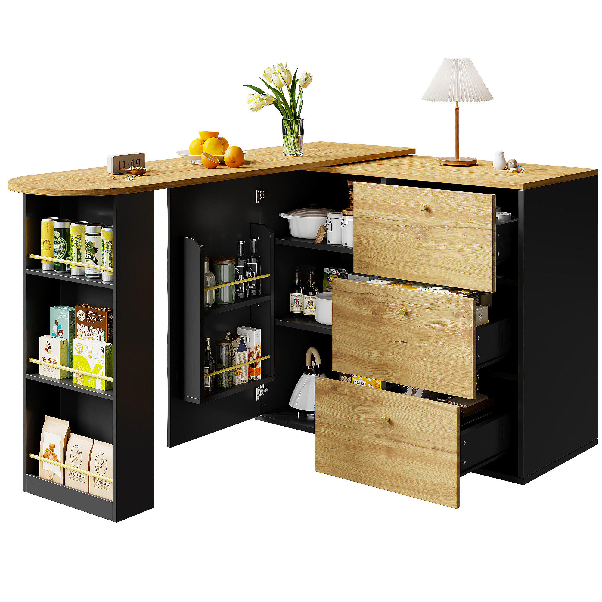 BARTISCH 138-204/39/104 cm in Schwarz mit Stauraum und drehbarer Ausziehfunktion - Schwarz, Holzwerkstoff (39/204/104cm) - BEAOK