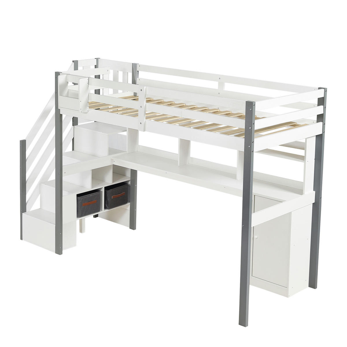 HOCHBETT 90/200 cm DE-02279, in Weiß, mit Schreibtisch, Schließfächern und Stoffboxen - Weiß, Holz/Holzwerkstoff (90/200cm) - ComfortXL