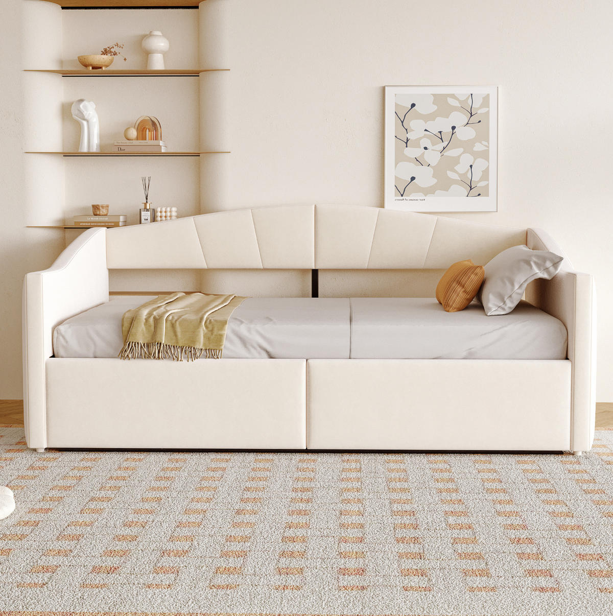 POLSTERBETT 90/200 cm Beige aus Samt mit Bettkasten und Armlehnen - Beige, Textil (90/200cm) - Flora Grace