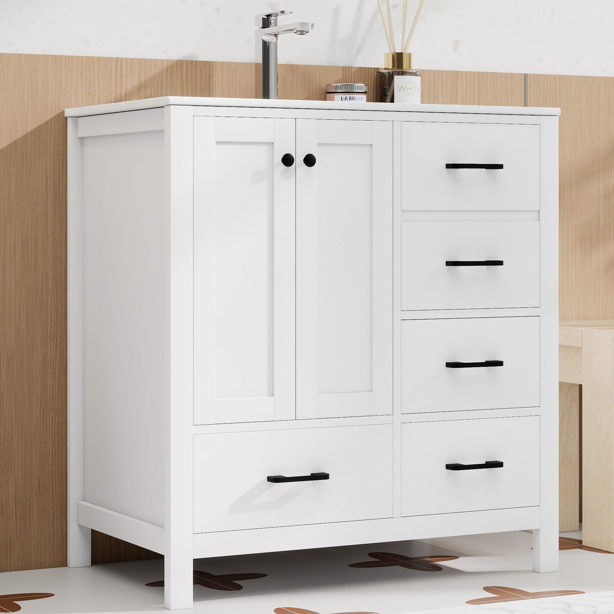 WASCHTISCHKOMBI 76/46/82 cm Weiß mit 4 Schubladen, ohne Wasserhahn - Schwarz/Weiß, Holz/Holzwerkstoff (46/82/76cm) - Oxeza