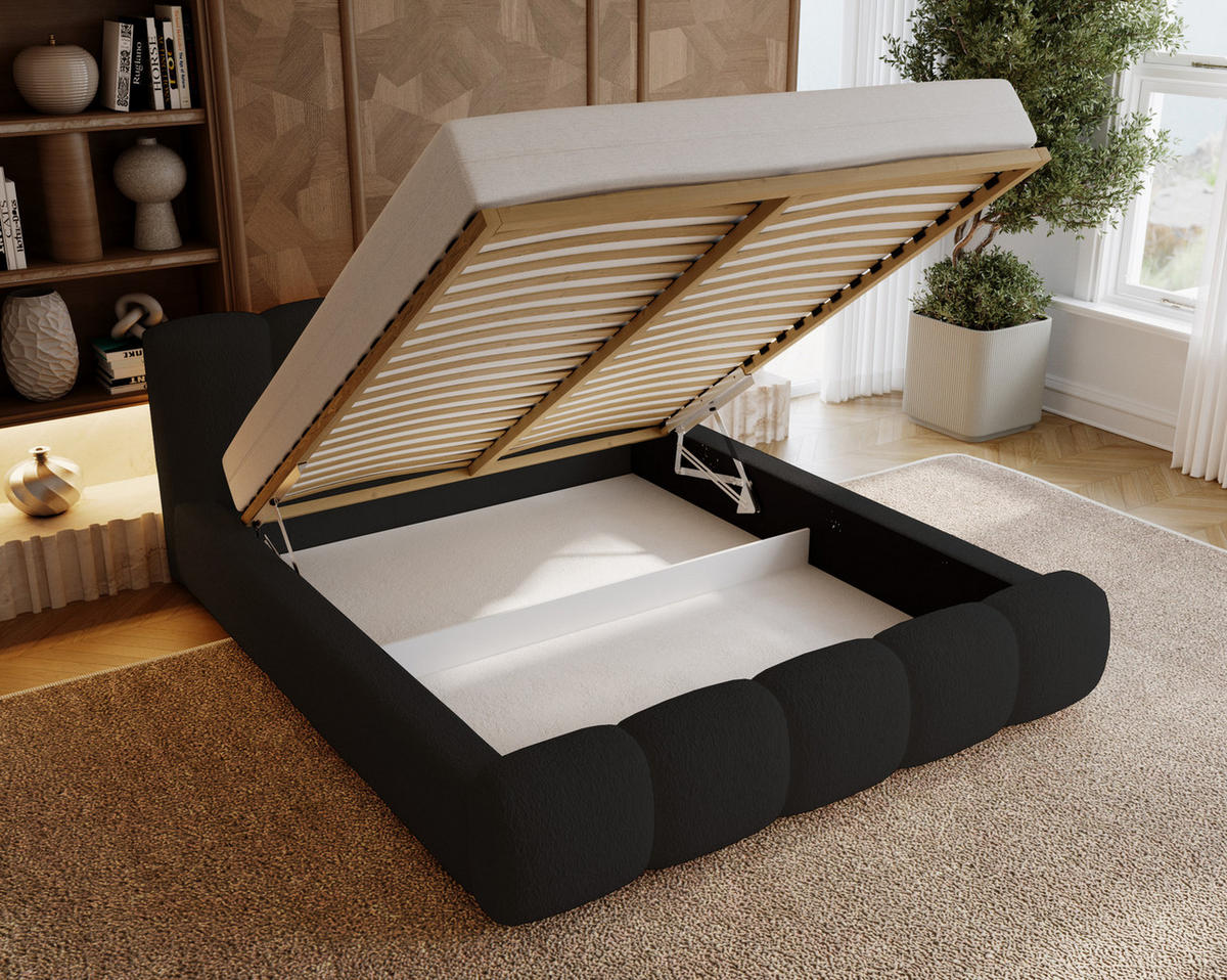 POLSTERBETT bouclé 200x200 Ravello mit Bettkasten, Lattenrost, Schwarz - Schwarz, Holz/Textil (200/200cm) - Emporius