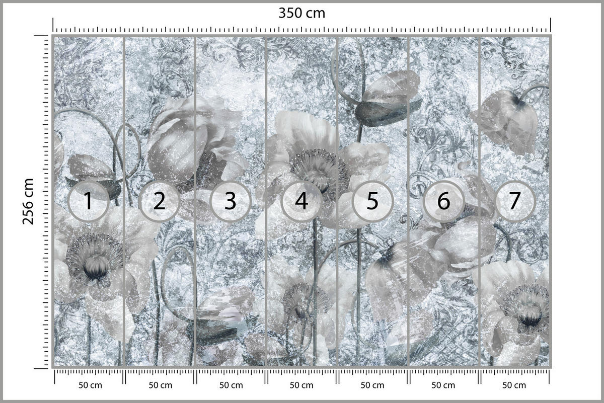 FOTOTAPETE für Wohnzimmer Grau Mohnblumen Beton Blumen Blätter 350x256 - Grau, Papier (350/256cm) - Muralo