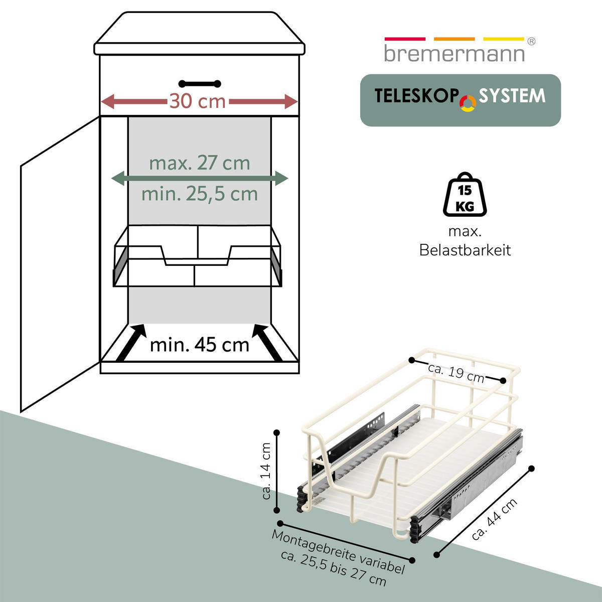 TELESKOPSCHUBLADE für 30 cm Schrank mit Einlegeboden, Metall, cremeweiß - Creme, Metall (27/14/44cm) - bremermann