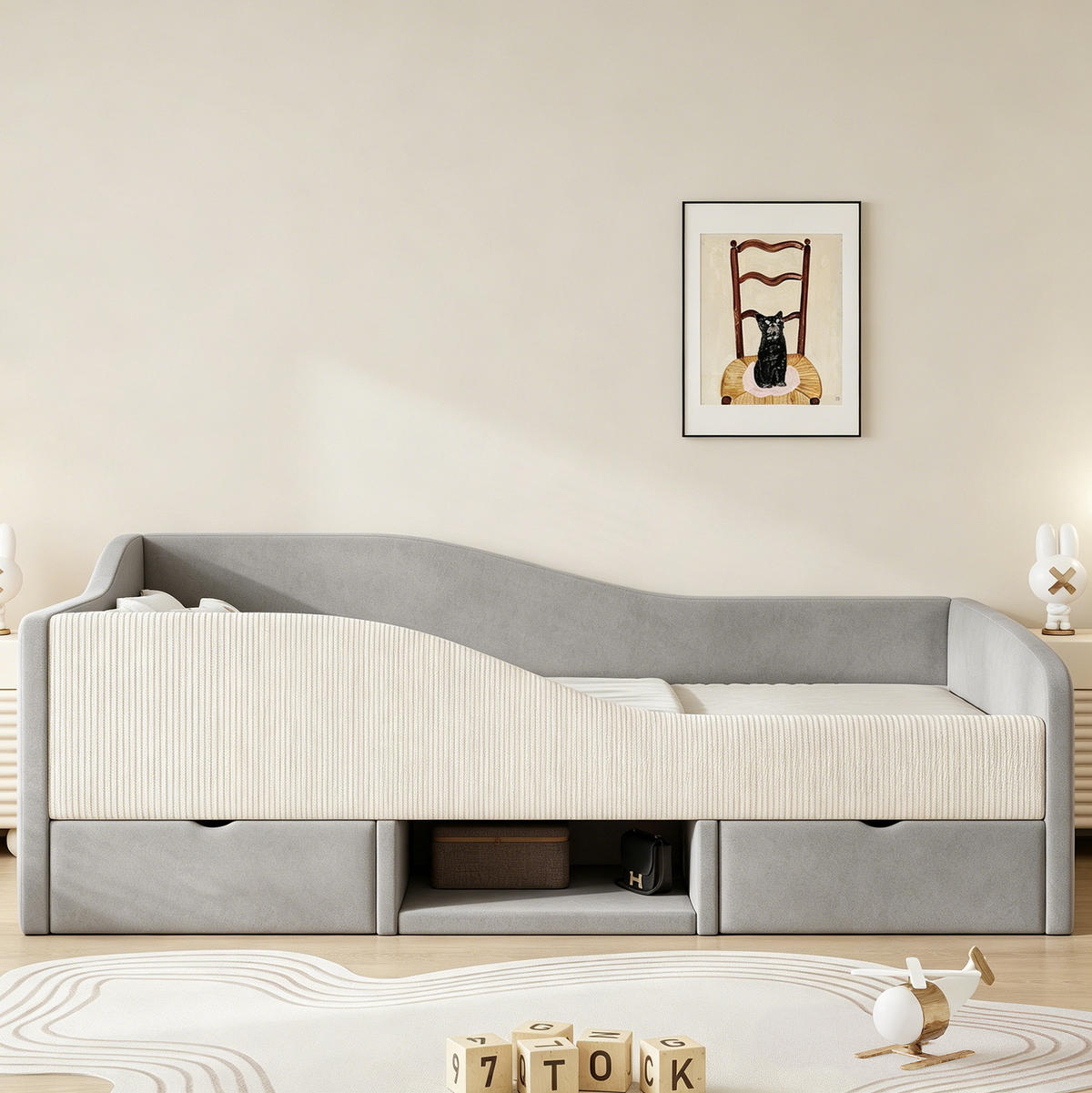 POSTEĽ 90/190 cm so zásuvkami, zamatová, sivá - sivá, textil (90/190cm) - Flora Grace
